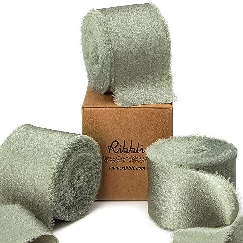Ribbli Dusty Sage Green Silk Satin Ribbon 1.5 Inch x 30 Yard Handmade Frayed Chiffon Dusty Sage Ribbon for Gift Wrapping Wedding Invitations Bridal Bouquets Home Decor