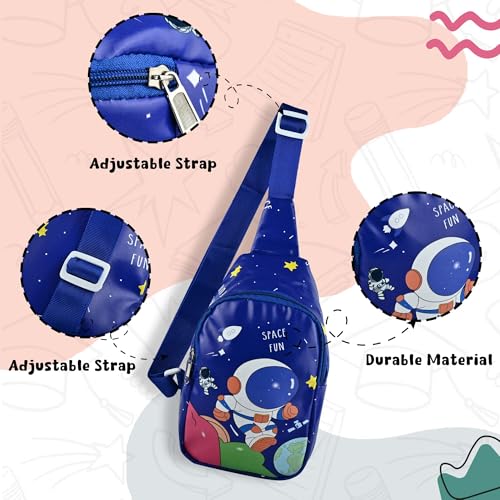 Image of Kids Space Theme Crossbody Chest Sling Bag, Navy Blue with Astronaut Print, Adjustable Strap, 17x13x6.5 cm, Perfect for School and Picnics