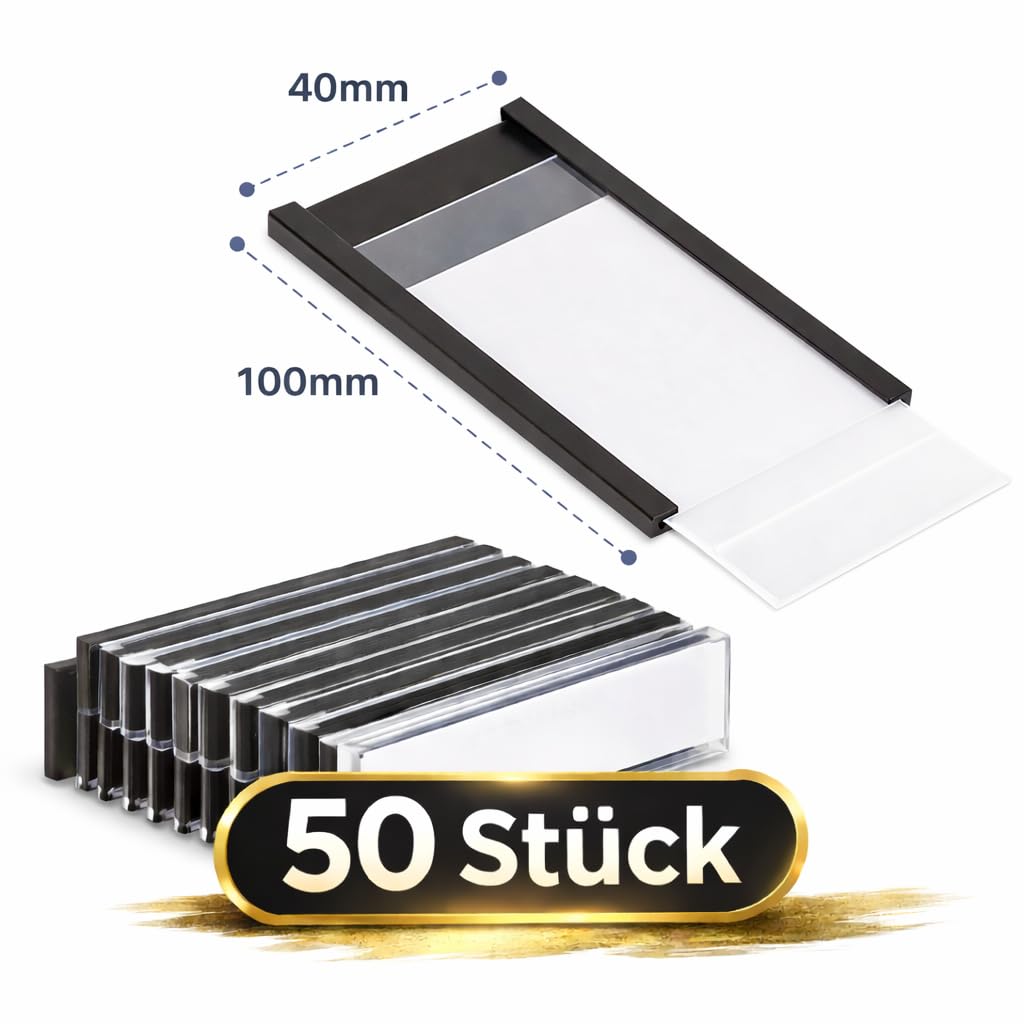 Magnetschilder zum Beschriften 40 x 100mm - 50 Stück - Magnetische Etikettenhalter C-Profil für Regale, mit Schutzfolie & Einlage hält auf allen metallischen Flächen – für Lager, Büro & Einzelhandel