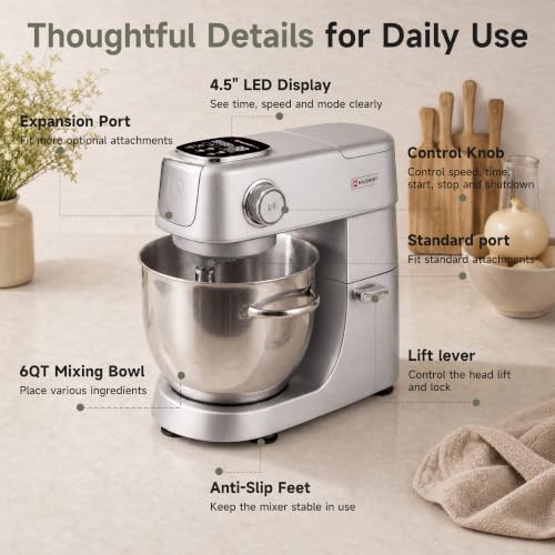 Hauswirt Stand Mixer 6QT XL Large, 4.5" LED Touch Screen Electric Household Stand Up Mixer, Full Metal Structure Standing Mixer 11-Speed, Dough Cake Bread Mixer – Silver - image 7