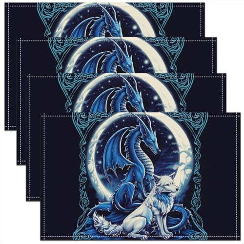 Erosebridal Dragon Wolf Place Mat 12x18 Magical Pterosaur Placemats Set of 4 for Kids Boys Adults Safari Galaxy Moon Gothic Blue Heat Resisting Table Mats