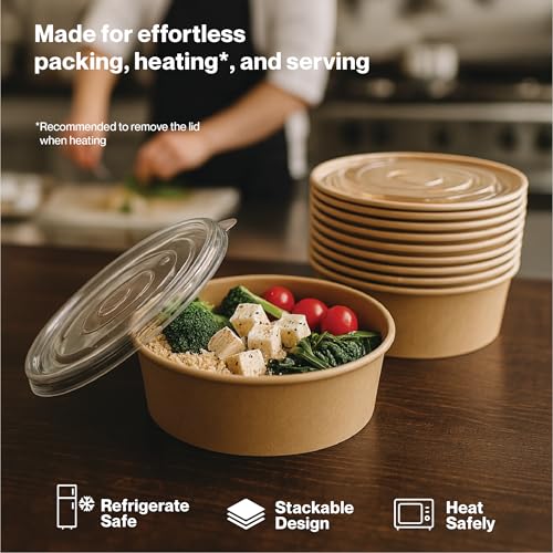 Image of PRASHEEL Living 750ml Disposable Round Kraft Paper Bowl with Lid | Takeout Containers for Hot /Cold Foods, Salad, Dessert, Soup, Noodles | Leak-Proof, Microwaveable Food Storage Containers, 10 Pack