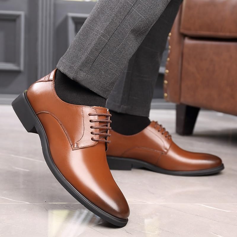 Men's Pointed Toe Dress Shoes Men's Genuine Leather Lace Up Oxford Shoes Office Working Premium Leather Loafers Shoes(Brown,9)3