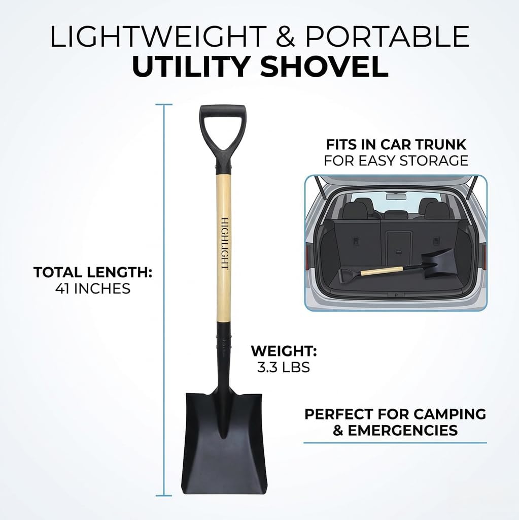 HIGHLIGHT 41 Inch Heavy Duty Square Shovel with D-Handle & Cold Rolled Steel Blade - Digging, Transfer, Snow Shovel for Car, Garden & Yard Tools