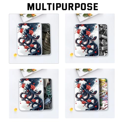 Image of Metal Tin Box with Lid for Game Cards Home Organizer Candles Keys Crafts Storage - Equipped with 4 Magnetic Cord Clips，Octopus and Red Flower