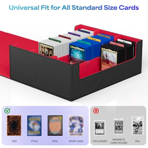 Image of UAONO Trading Card Storage Box, Holds 1800 Sleeved Cards with 10 Dividers & 3 Stoppers, Magnetic Closure PU Leather Card Case for MTG, PTCG, YGO, Sports Cards (Black&red)