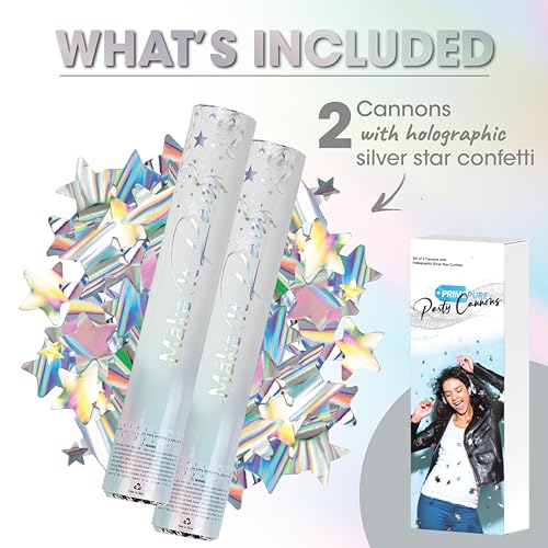 image for PrimePure Confetti Cannon Party Poppers - Holographic Silver Stars Con