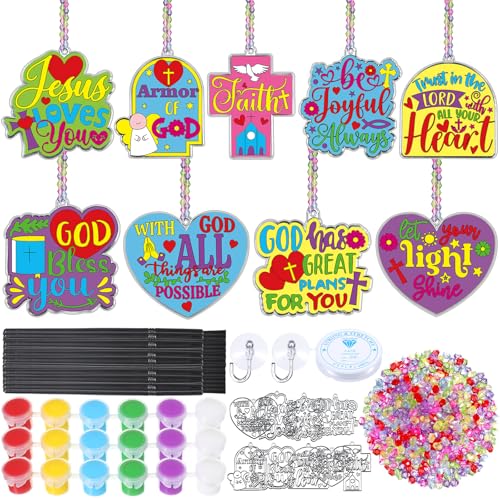 Funrous 36 juegos de atrapasueños religiosos, kit de manualidades con cruz de Jesús, para colgar en la ventana, adornos para colgar en ventanas, versículos cristianos, actividades de versículo bíblico