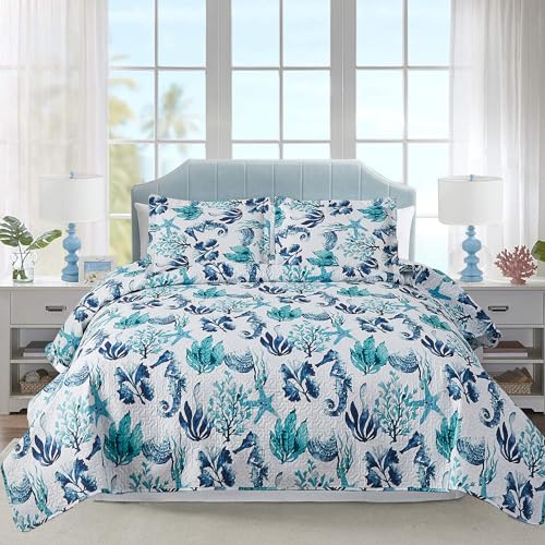 Ensemble courtepointe plage twin océan thème édredon côtier bleu hippocampe réversible