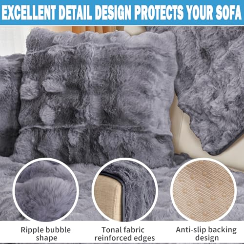ZenDen Thick Rabbit Plush Sofa Cover 1 2 3 Seater Couch Covers, Fluffy Faux Fur Corner Non-Slip Sofa Cushion Cover L Shape Furniture Protector for Living Room (Dark Gray, 70x70cm) - Image 3