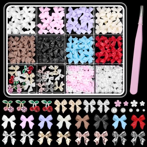 3D Bows Nail Charms and Gems, Color Bows for Nails Bow Tie Nail Art Charms Silver Gold Nail Bows Metal Bows Nail Charms, Alloy Bowknots Cherry Nail Gems Flowers Nail Art Supplies