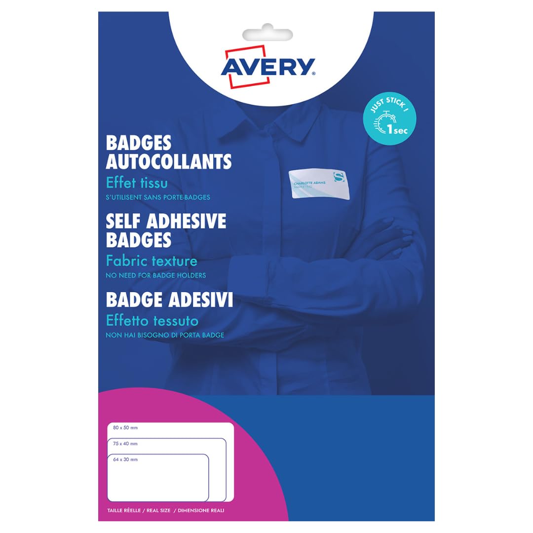 Avery L4784-20 Customisable Printable Repositionable Name Badge Labels – 27 Labels per A4 Sheet, White, 63.5 x 29.6 mm, 540 Badges Total