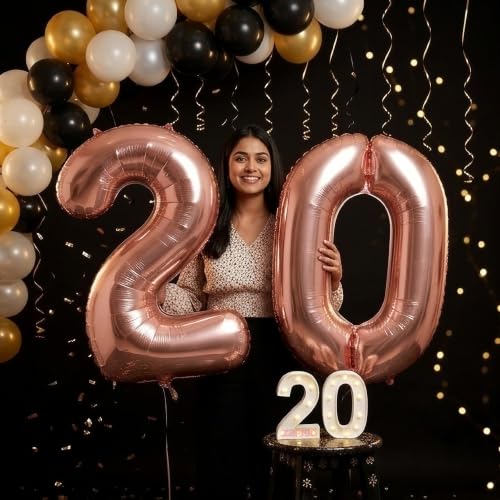 Image of Balloonistics Rose Gold 40-Inch Foil Number 20 Balloon with Matching LED Marquee Light - Combo Set for 20th Birthday, Anniversary, Party Decoration, Photo Booth Backdrop, Cake Table Decor