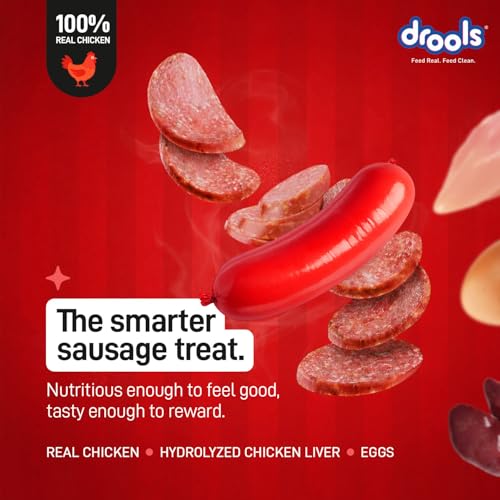 Image of Drools Adult & Puppy Sausage for Dog, 450g | Chicken Flavour | High Protein | Treat & Food Topper | Grain Free | Best for Training & Bonding | No Preservatives