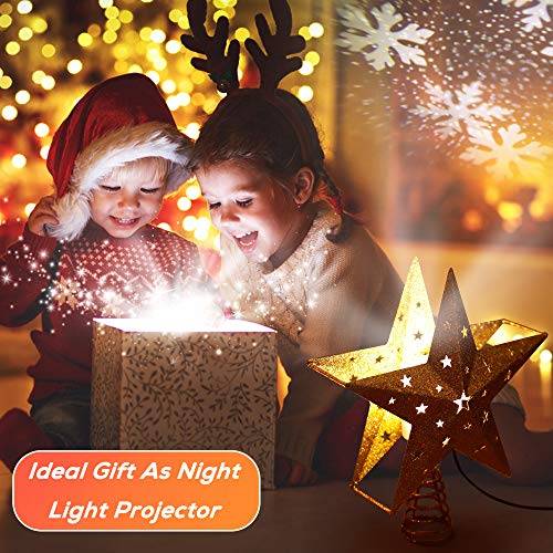 Ipow Led Snowflake Projector Star Christmas Tree Topper, 11.3'' Golden Glittered Star Treetop Lighted Rotating Snow Flake For Christmas Tree Decoration, Ideal As Led Night Light Projector For Children #TOP3