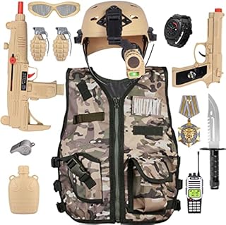 Kids Army Military Combat Soldier Costume Halloween Party Role Play Dress up Birthday Gift Set includes Camouflage Vest, Helmet, and Toy Accessories for 3-8 Years Old Toddlers Boys Girls