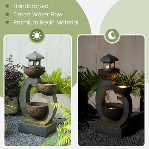 Image of Outdoor Water Fountain with LED Lights, 3-Tier Zen Garden Fountain for Patio, Yard & Porch Decor - Durable Resin Waterfall Feature with Modern Japanese-Style Design, 35 inch Tall