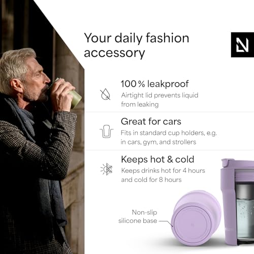 Image of LARS NYSOM Thermo Coffee Mug to go 13oz | Travel Mug 0.38 Liter with Insulation | Silicone grip base | Leak Proof Stainless Steel Tumbler for Coffee and Tea on the Go (Powder Purple, 13oz)