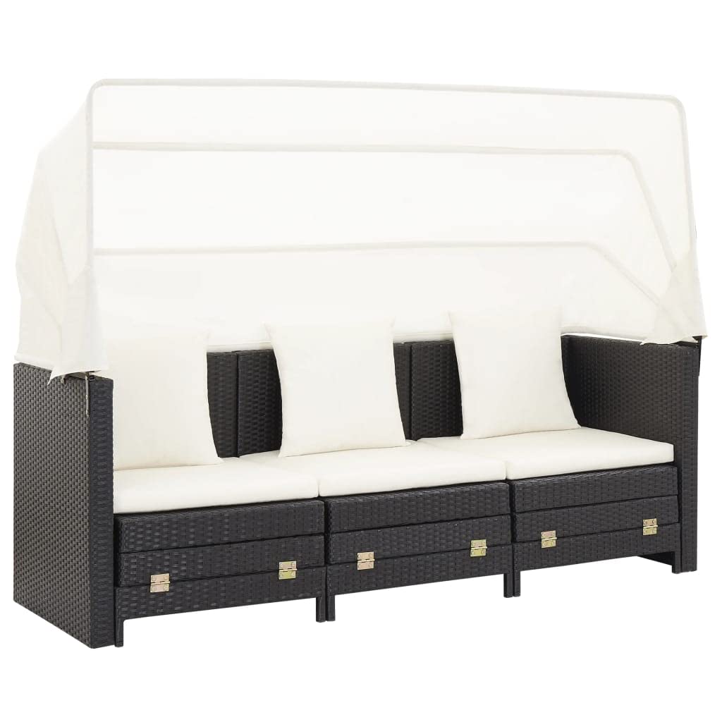 vidaXL Schlafsofa Ausziehbar 3-Sitzer mit Dach Sonnenliege Gartenliege Sofa Liege Gartenmöbel Gartensofa Gartenbank Poly Rattan Schwarz