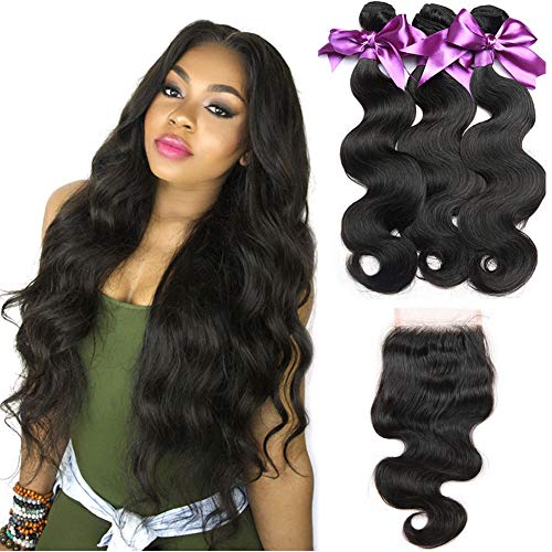 Beauty Flag 10A Brazilian Virgin Hair Body Wave Bundles With Closure(12 14 16+10) 100% Unprocessed Remy Human Hair Extensions 3 bundles With 4x4 Lace Closure Natural Black Color