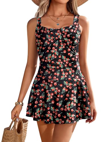 Ekouaer Swim Dress One Piece Bathing Suit Skirted Swimsuits for Women Ruched Retro Swimwear S-XXL