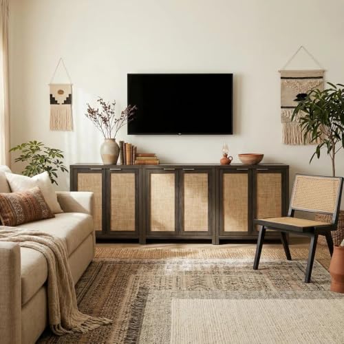 Image of OAKHAM HOME Rattan Sideboard Cabinet with Storage, Black Oak | Buffet Cabinet with 2 Soft-Close Doors, Adjustable Shelves and 110 lbs Top, For Living Room, Kitchen, Entryway