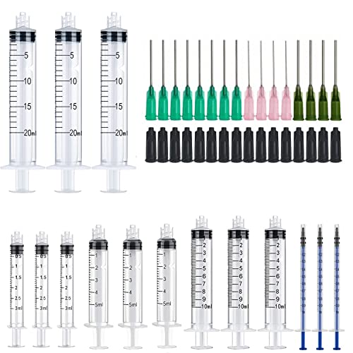 Lot de 15 seringues de 20 ml de 10 ml de 5 ml 3 ml 1 ml avec aiguilles émoussées et couvercles – Huile d'encre ou applicateur de colle, idéal pour remplir...