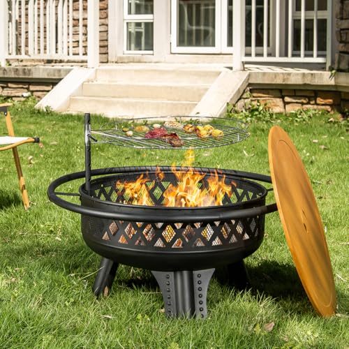 Panovue 32 Inch Outdoor Fire Pit with Grill, Wood Burning Firepit for Outside with Lid/Fire Poker, Metal Round Fire Pit Table for Patio Backyard Garden Bonfire Party