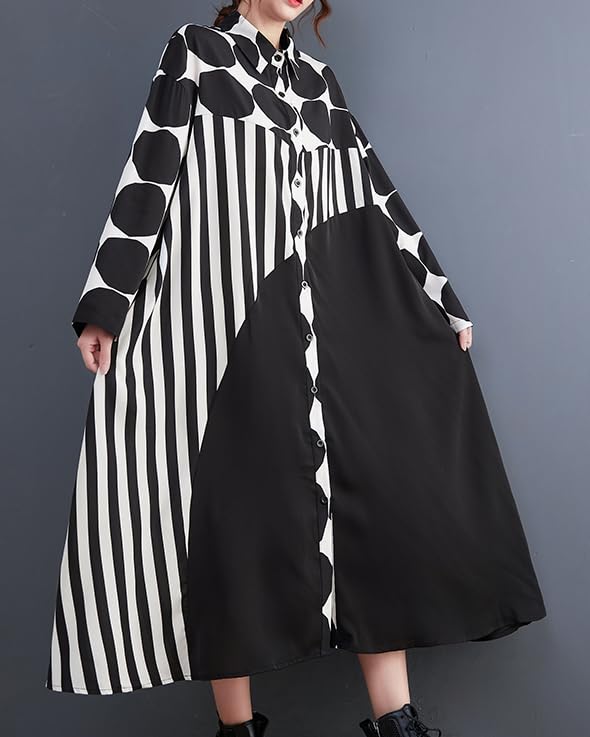 Image of ellazhu Womens Fall Casual Patchwork Funky Long Sleeve Designer Dress Loose Blouse GY2787 A