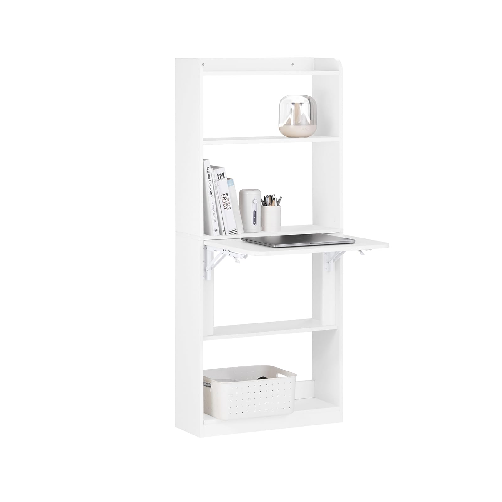 SoBuy Bureau Gaming Bureau avec Rangement Table Pliable d'Ordinateur Rabattable Table Gaming Desk Multifonctionnel avec Etagères de Rangement Blanc 64x58x145cm, FWT92-​H-​W