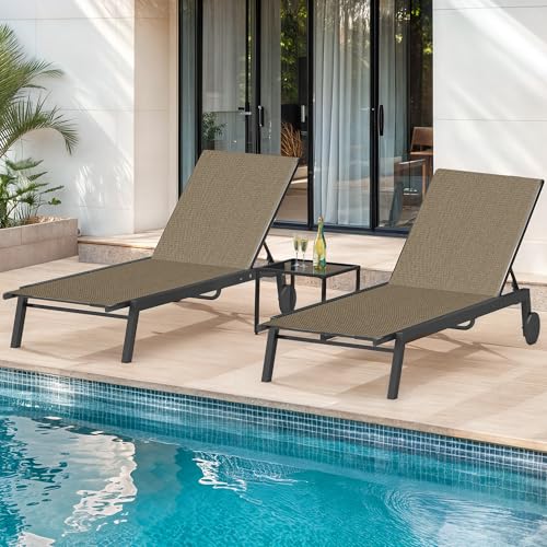 DWVO Outdoor Chaise Lounge Set, 2 Patio Chaise Lounge Chairs with Side Table, Textile Pool Loungers with 5-Level Backrest and Wheels for Beach, Lawn, Porch, Garden (Brown)