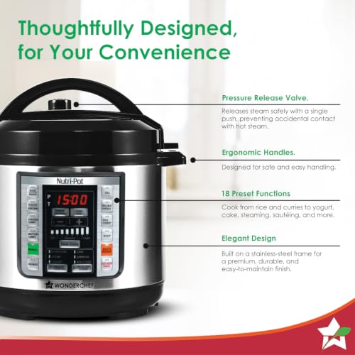 Image of Wonderchef Nutri-pot 3L Electric Pressure Cooker, 18 Pre-set Options, 304 Stainless Steel Inner Pot, Slow Cook, Rice /Millets, Steam, Saute, Dal /Khichdi /Yogurt Maker, Re-heat, Keep Warm, 2-Yr Warranty