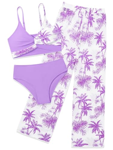 Image of Girls Swimsuit 3 Piece Bathing Suit Criss Cross Bikini Set Tropical Floral Swimwear with Mesh Cover Up Pants Size 9-16Y