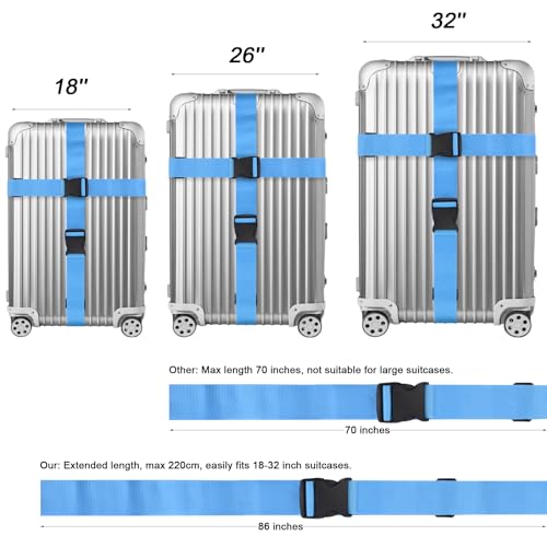 Dantix 4 Pack Luggage Straps for suitcases, 4 Extra Long Suitcase Straps TSA Approved Luggage Belt with Buckle, Adjustable Travel Belt for Luggage for 20'' - 32'' Suitcases (Light Blue)4