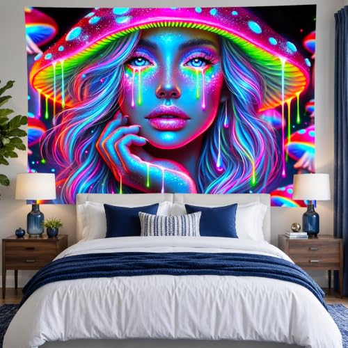 Image of BlissYard Anime Characters Blacklight Tapestry Banner 79x59 Inch Psychedelic Mushroom Girl Neon Trippy Art Aesthetic Bohemian Spiritual Wall Hanging Bedroom Decor Visionary Decration Glow In The Dark Psychedelic Banner Black Light Tapestries