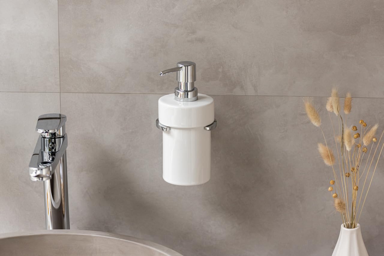 WENKO UV-oc - Dispenser di sapone Isera, ricaricabile, 360 ml, dispenser in ceramica per fissaggio senza foratura, con innovativo sistema adesivo, supporto in tubo quadrato e zinco pressofuso,