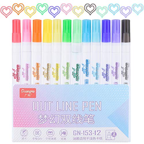 Outline Pens Metallic Markers, KINGMAS 12 Colors Doodle Dazzle Markers, Double Line Pen Shimmer Paint Drawing Pens for Greeting Cards, Craft, Posters, Painting, DIY Sketching, Child Color Pen