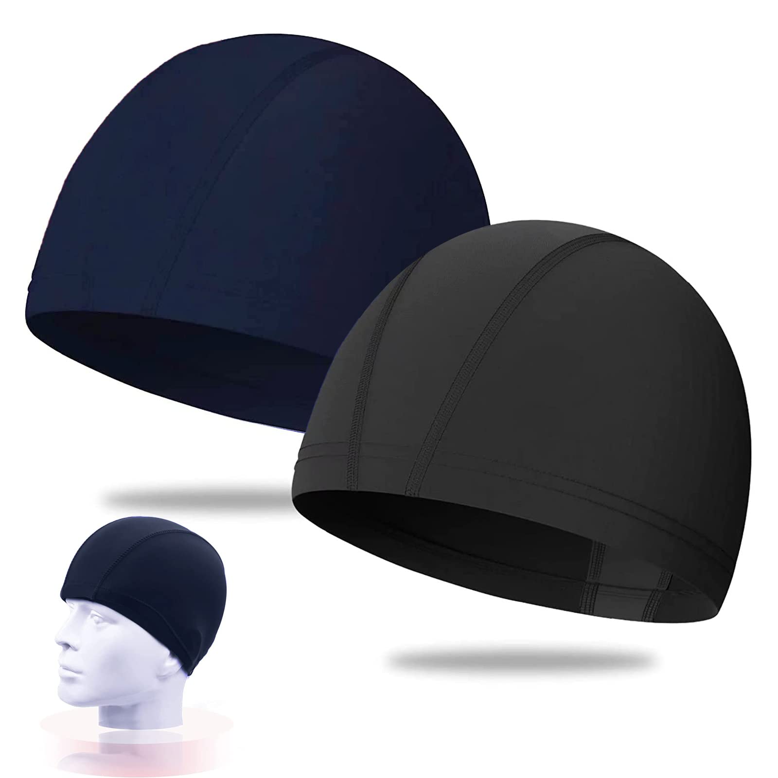 2 Bonnets De Bain Piscine - Polyester Souple - Élastique Enfant/Adulte - Résistant Au Chlore - Noir Et Bleu