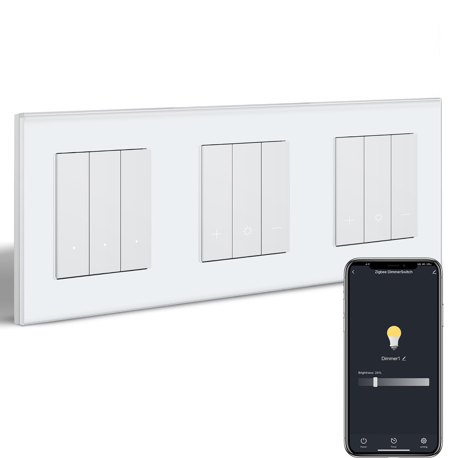 Inteligente Interruptor Regulador de Pared Zigbee con Marco de Cristal, Interruptor Regulador*2 + 3 Interruptor de luz*1, Compatible con Alexa, Google Home, Blanco