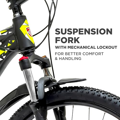 Image of KROSS Momentum 29T Unisex Matt Black Multispeed (Shimano 24-Speed) MTB | Alloy Frame with Dual Disc Brakes and Front Suspension Fork | Ideal for 15+ Years (Yellow)