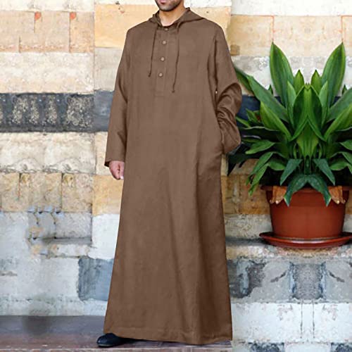 Zeiyignr Men's Muslim Arab Caftan Long Sleeve Hooded Button Up Long Gown Middle East Ramadan Islamic Abaya Thobe Dubai Robe2