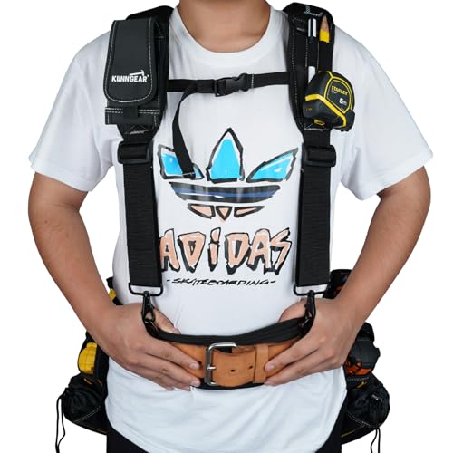 KUNN Tool Belt Suspenders Padded Construction Belt Harness Gel Shoulder Strap with Detachable Phone Holder,4 Tool Belt Loops, Black, One size fits most - Image 2