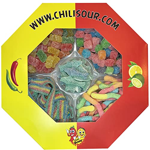 CHILI SOUR Assorted Super Sour Mix Gummy Tray, Sour Mix Gummy Gift Platter Box, Sour Mix Of, Sour War Head Cubes, Sour Blue sharks, Sour Neon Gummy Worms, Sour Neon Bears, Sour Power Belts Quatro (24 Ounce)