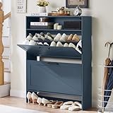 RWYHG Shoe Storage Cabinet with 2 Flip Drawers,Farmhouse Narrow Shoe Organizer with Legs,Freestanding Hidden Slim Shoe Rack Cabinet with Open Storage for Entryway,Hallway, Foyer, Blue