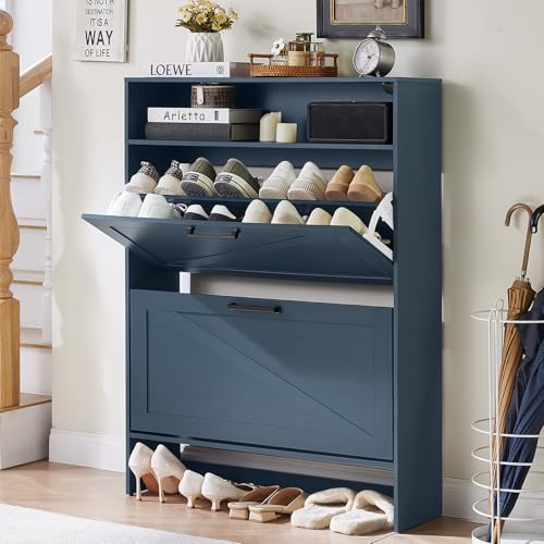 RWYHG Shoe Storage Cabinet with 2 Flip Drawers,Farmhouse Narrow Shoe Organizer with Legs,Freestanding Hidden Slim Shoe Rack Cabinet with Open Storage for Entryway,Hallway, Foyer, Blue