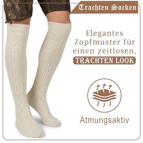 German Wear Trachtenstrümpfe EXTRA LANGE Trachtensocken Zopfmuster Baumwolle overknee Strümpfe - passend zu kurze Lederhosen - 70cm (DE/NL/SE/PL, Numerisch, 41, 43, Regular, Regular, Natur)