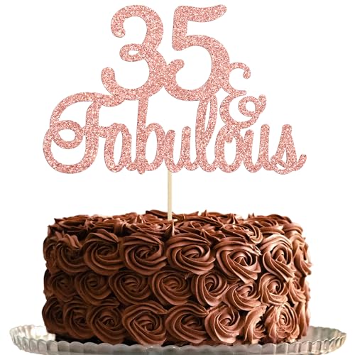 Gyufise 1Pcs 35 & Fabulous Cake Topper Rose Gold Glitter Thirty Five and Fabulous Cake Toppers Happy 35th Birthday Cake Pick for 35th Wedding Anniversary Birthday Party Cake Decorations Supplies