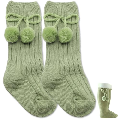 Calcetines Largos de Algodón Con Pompones, Medias Largas de Algodón para Bebés, Calcetines de Rodilla para niños, Calcetas de Bebé, Apto para niños/as de 3 a 12 Meses Talla S, Algodón, Verde