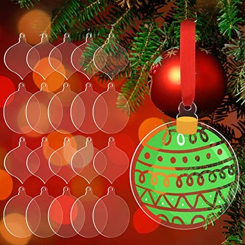 20 Packs Acrylic Blank Ornaments Transparent Acrylic Christmas Ornaments Clear Disc Ornaments with Red Ribbon Clear Acrylic Tags Flat Acrylic Ornaments for Crafts Christmas Tree Party (Lamp, Ball)