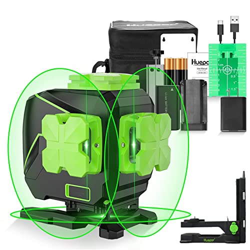 Huepar Niveau laser à lignes croisées 3x360 3D Autonivelant, Laser d'alignement à trois plans et de pose de carrelage à faisceau vert, avec batterie lithium-ion et base magnétique S03DG-LC